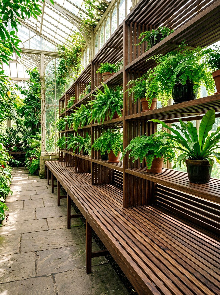 Slatted Wood Shelving - 30 greenhouse shelving layout ideas