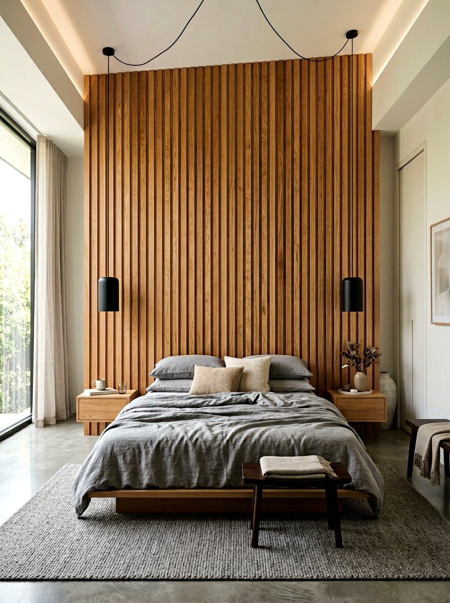 Slatted Wood Wall Bedroom - 30 modern bedroom ideas