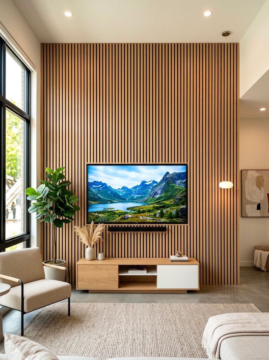 Slatted Wood Wall Panel - 30 soft minimal apartment ideas