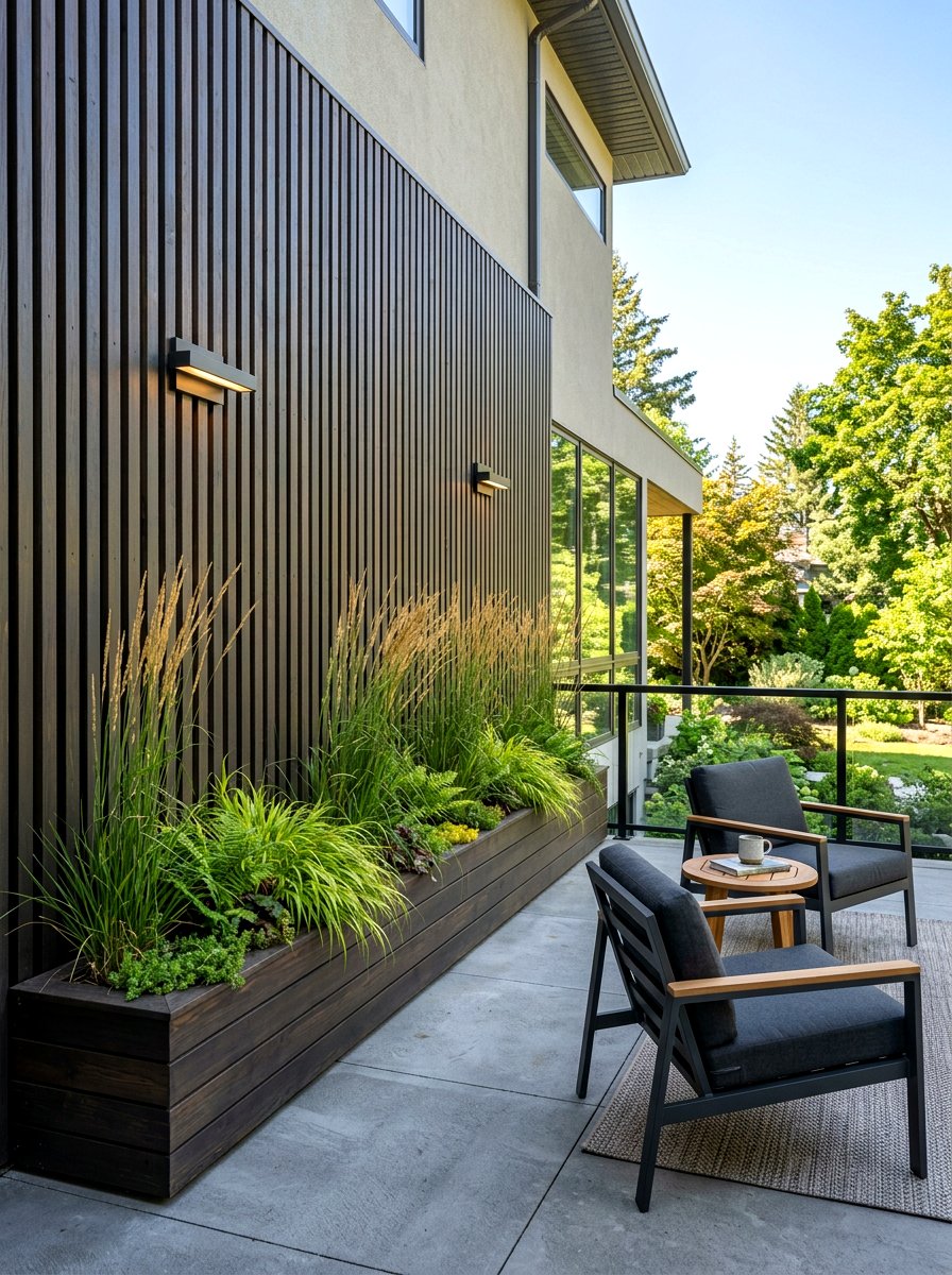Slatted wall with built in planter - 30 porch slat wall ideas