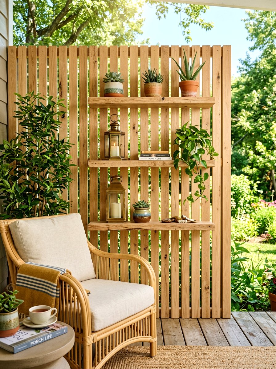 Slatted wall with floating shelves - 30 porch slat wall ideas