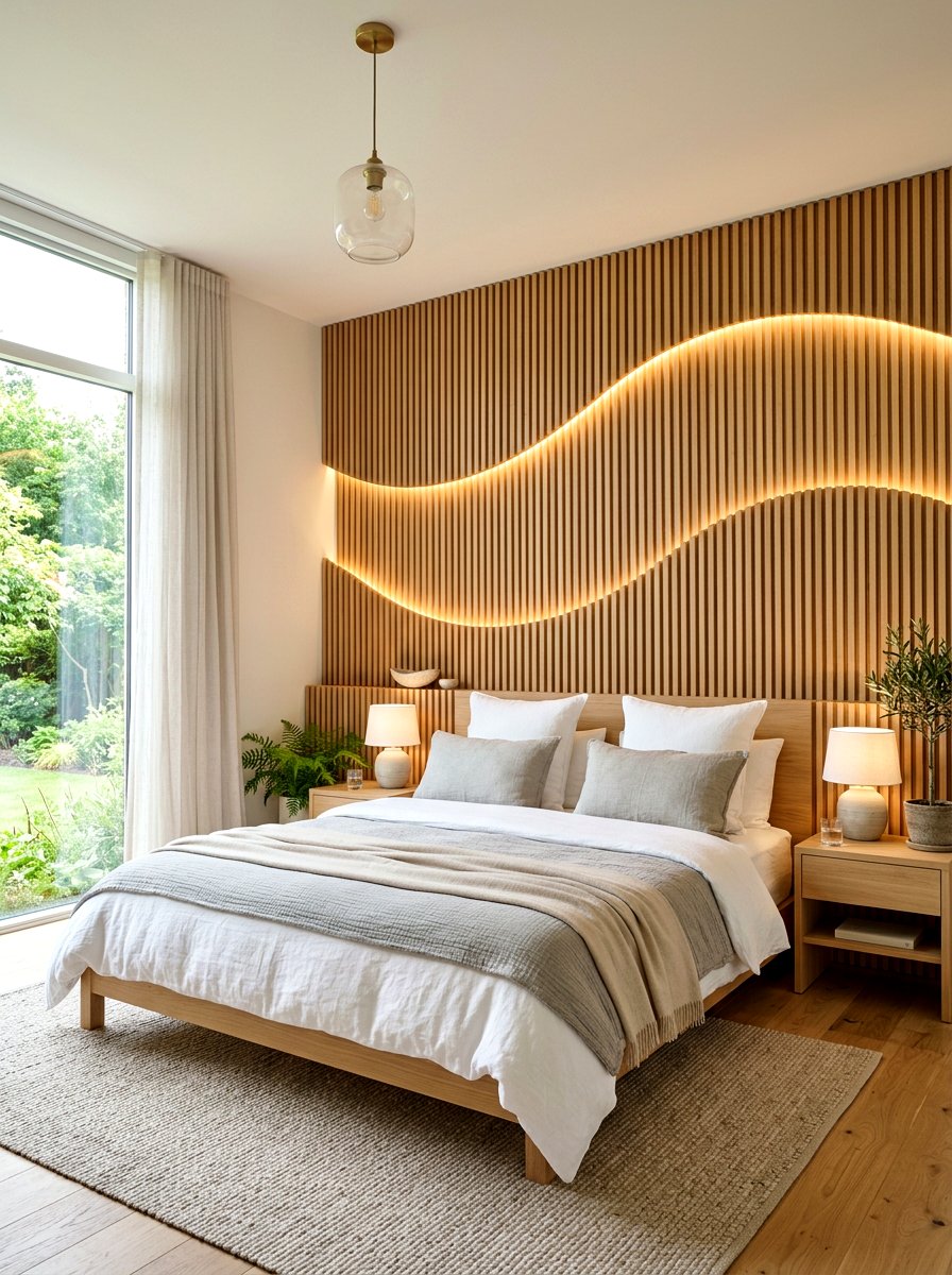 Slatted wave headboard - 30 sculptural headboard ideas