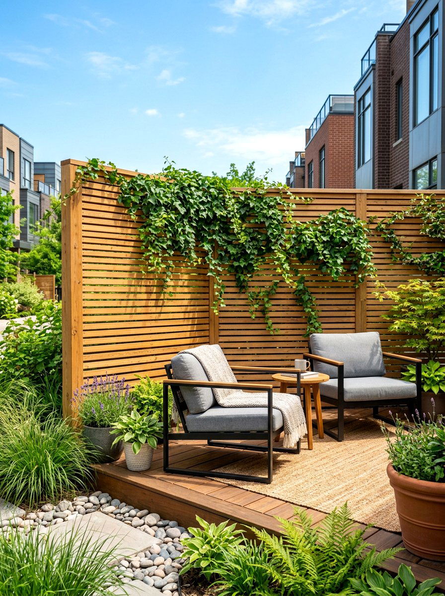 Slatted wood privacy screen - 30 wooden patio furniture ideas