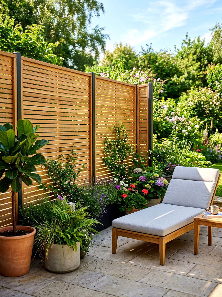 Slatted wood privacy screen - 30 warm minimalist patio ideas