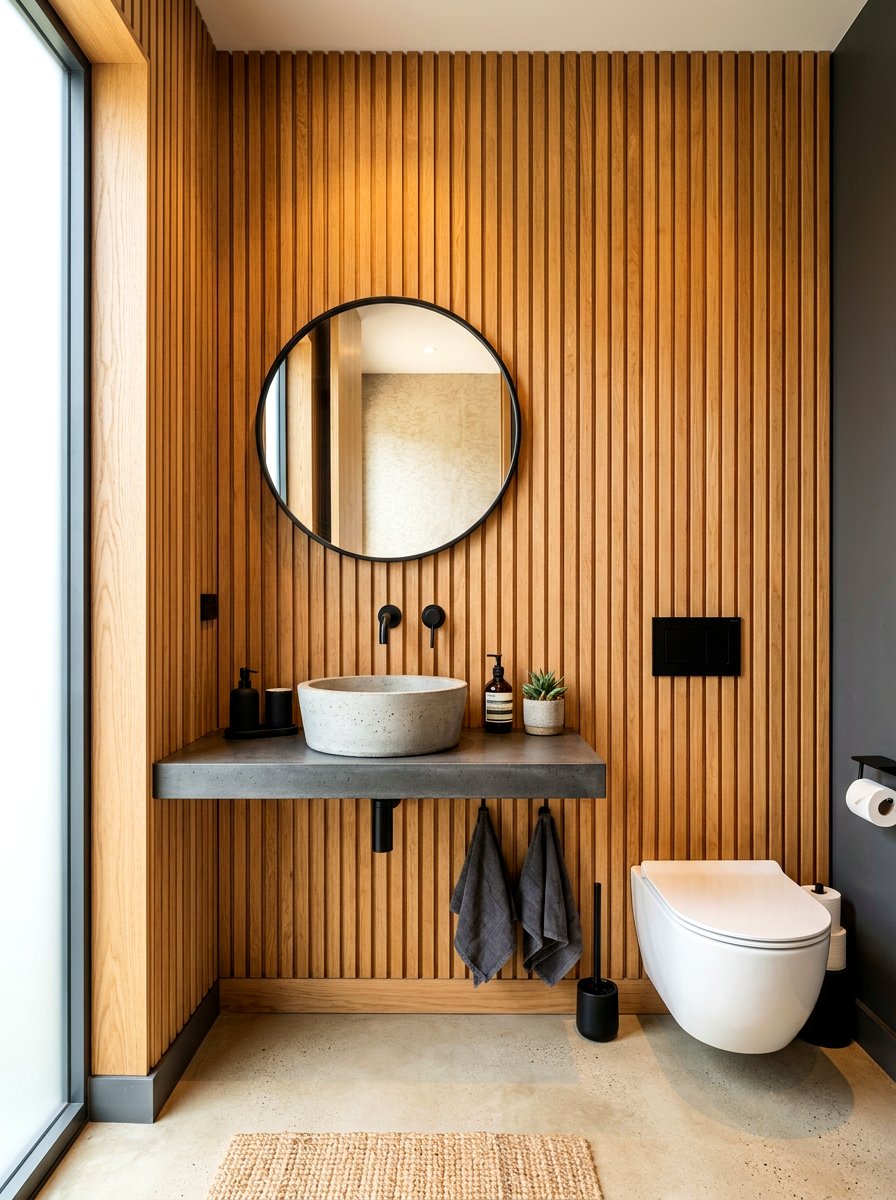 Slatted wood screen powder room - 30 jewel box powder room ideas