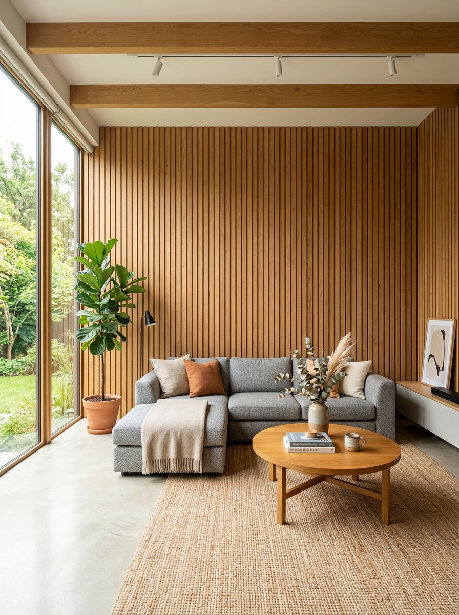 Slatted wood wall living room - 30 no fireplace living room ideas