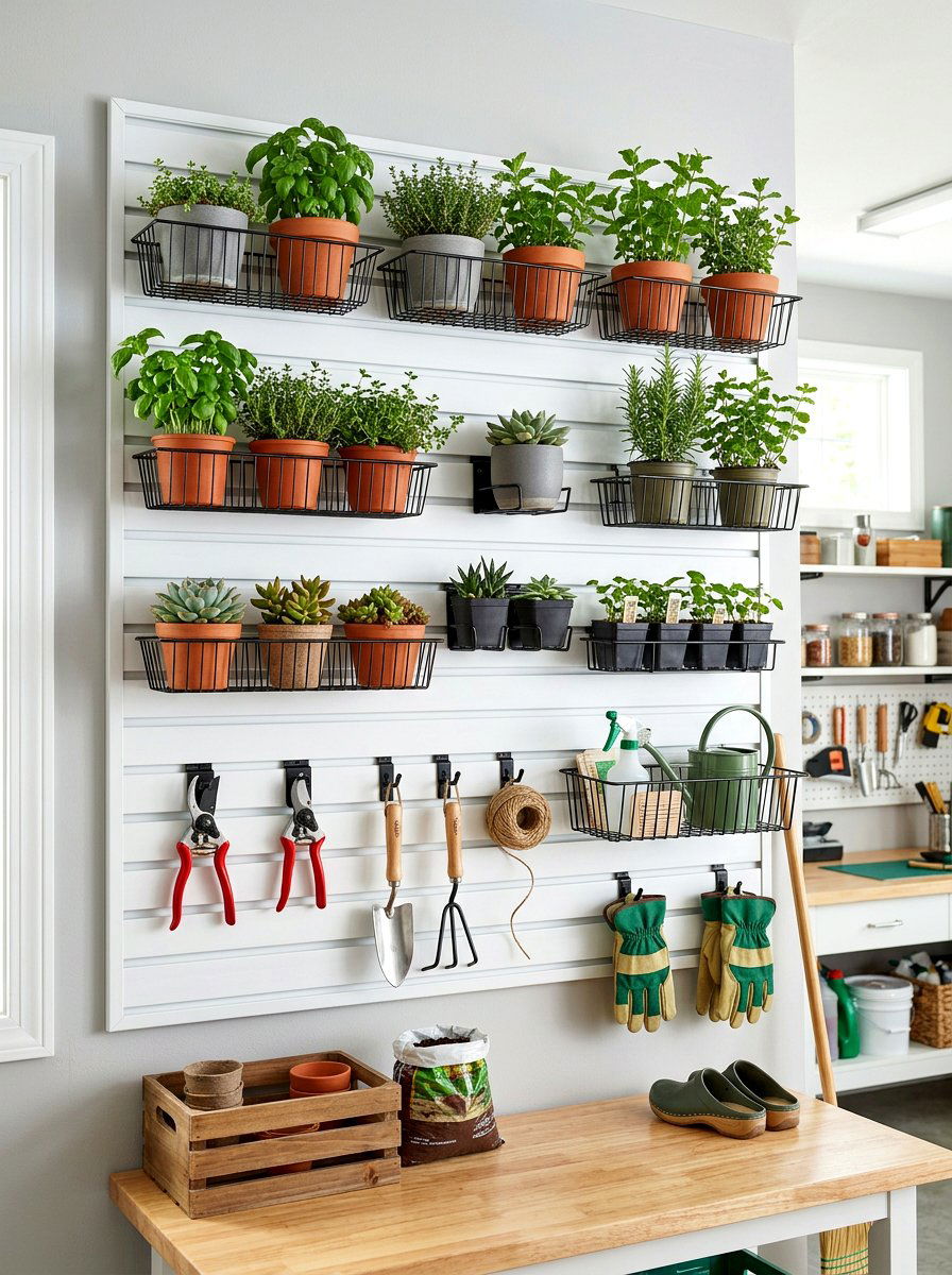 Slatwall garden system - 30 greenhouse shelving ideas