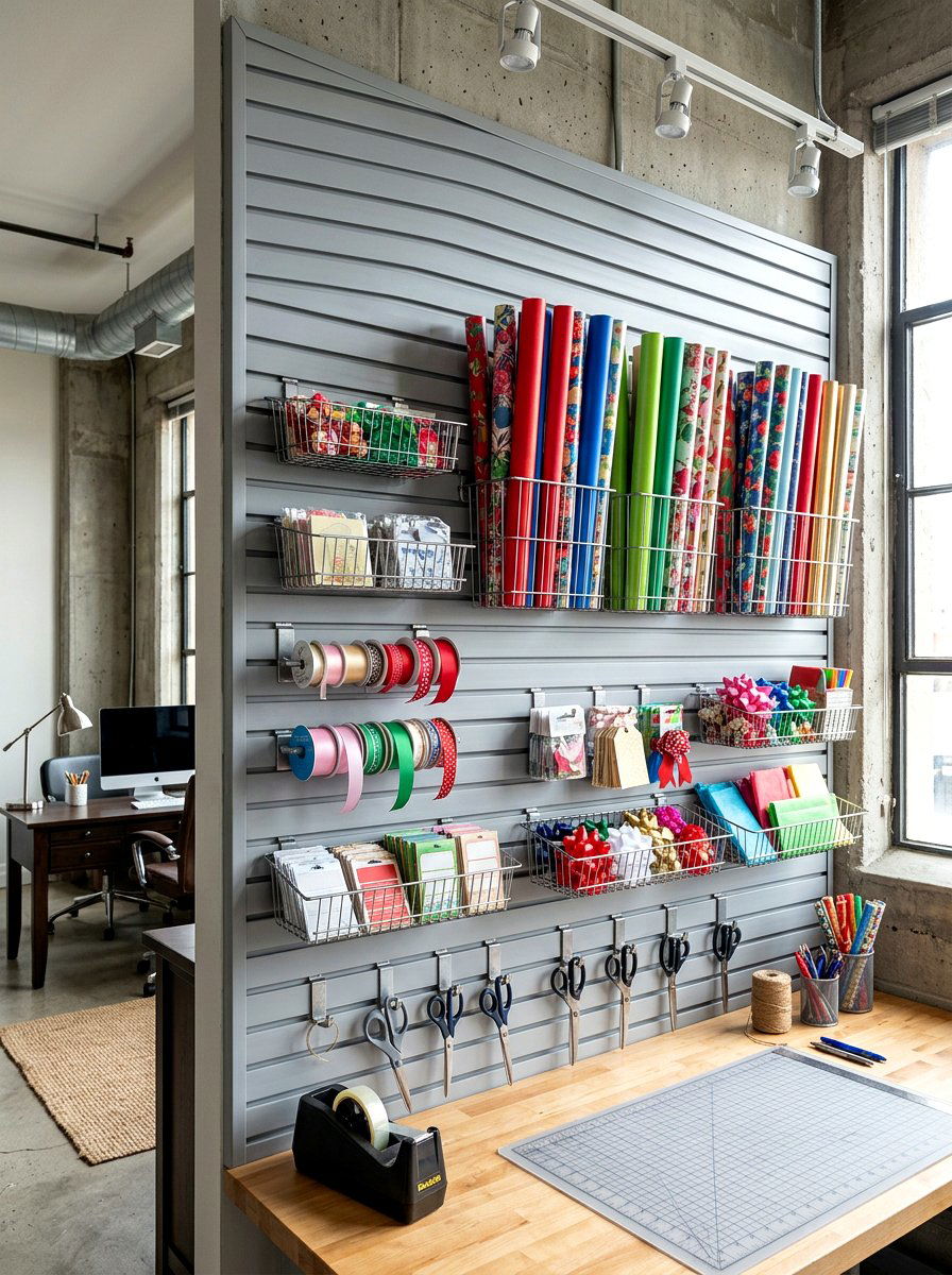 Slatwall gift wrap system - 30 gift wrapping station ideas