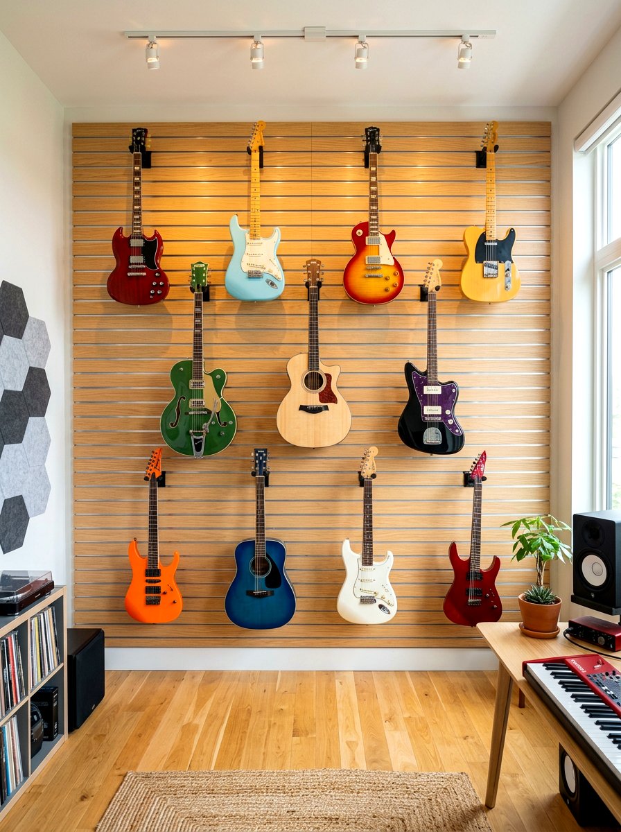 Slatwall guitar display - 30 guitar wall display ideas