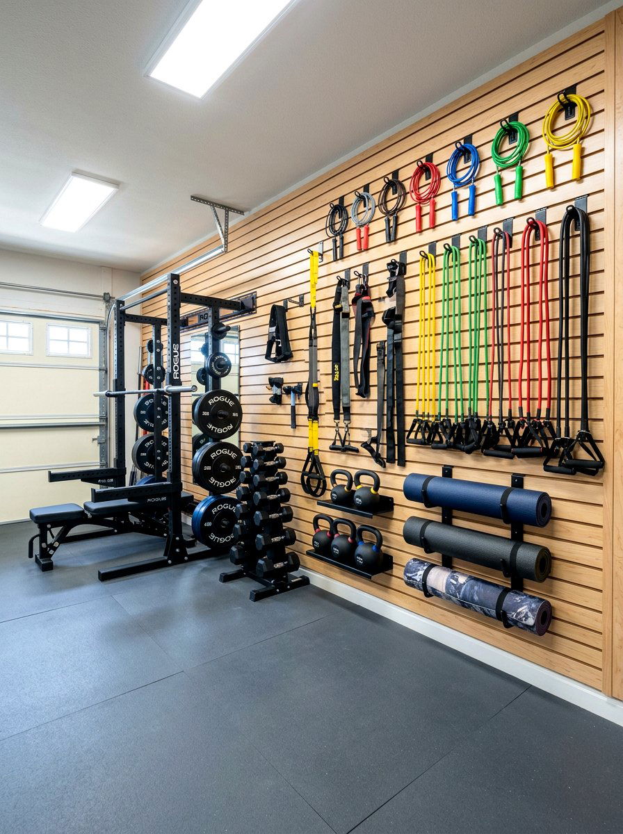 Slatwall gym storage system - 30 garage gym ideas