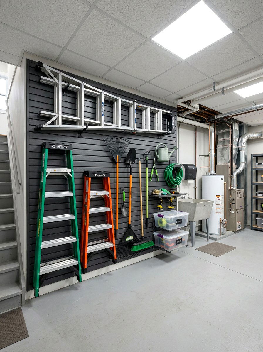 Slatwall storage system - 30 basement storage wall ideas