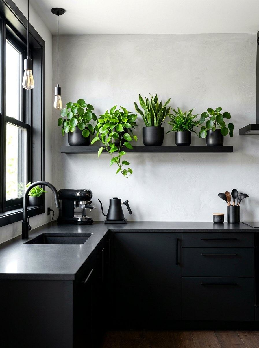 Sleek Black Floating Shelf - 30 kitchen plant shelf ideas