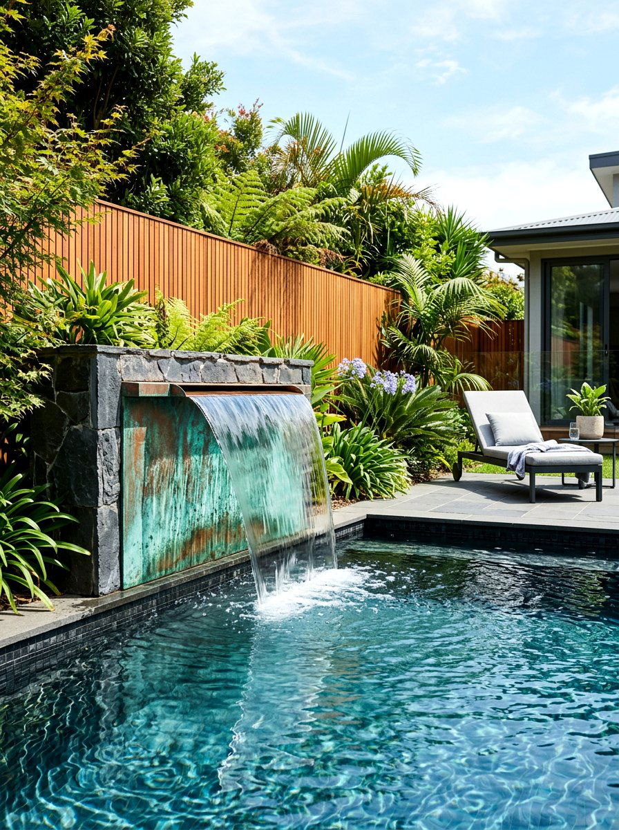Sleek Copper Pool Waterfall - 30 pool waterfall ideas