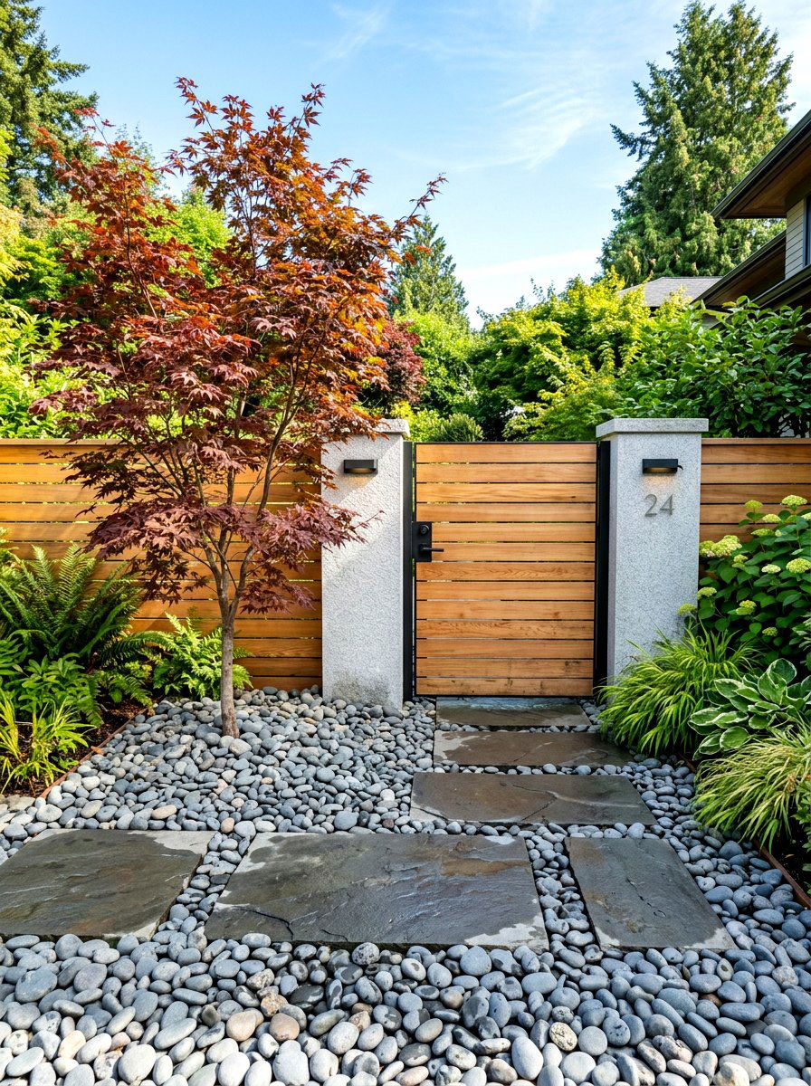 Sleek Horizontal Slat Gate And River Rock - 30 driveway gate landscaping ideas
