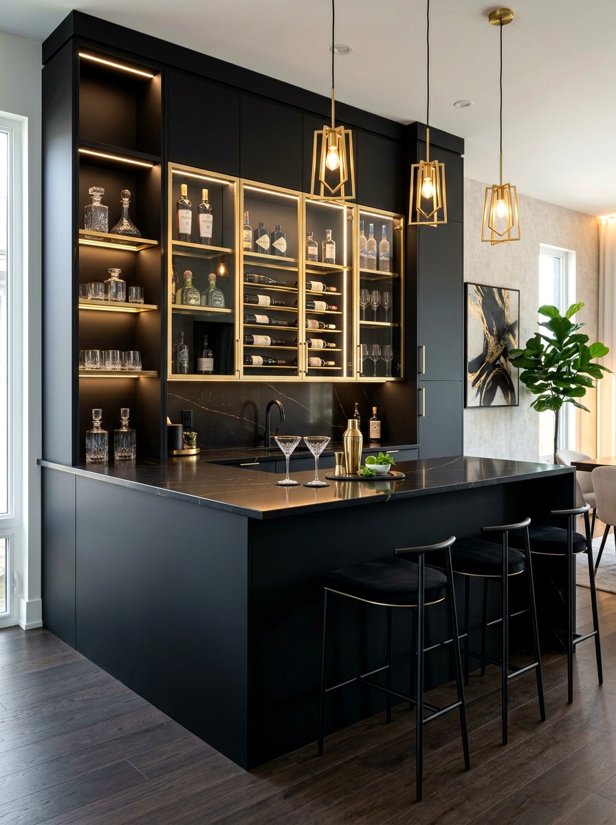 Sleek Matte Black Bar - 30 beverage pantry ideas aesthetic
