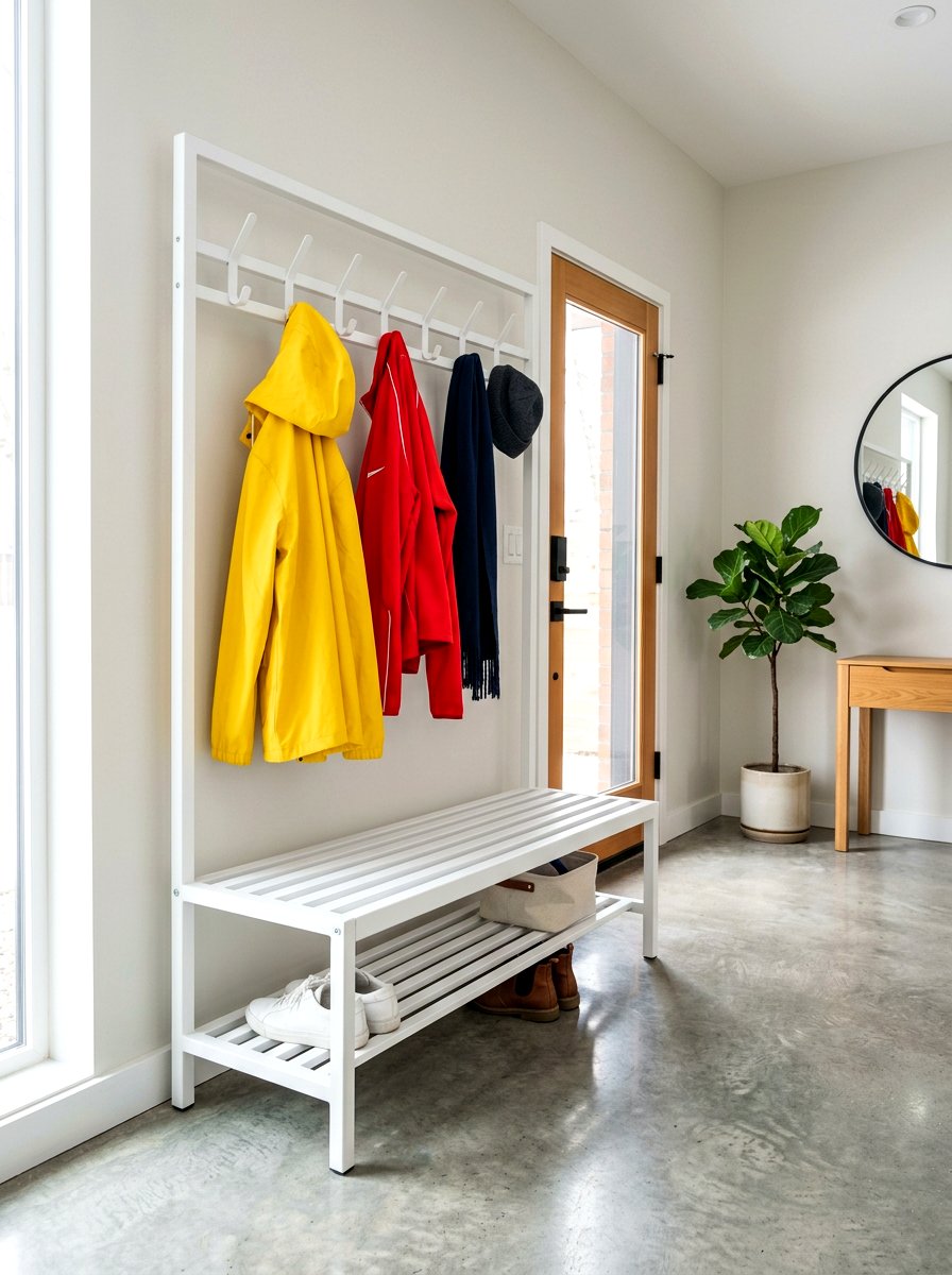Sleek Metal Entryway Bench With Hooks - 30 entry bench and hooks ideas