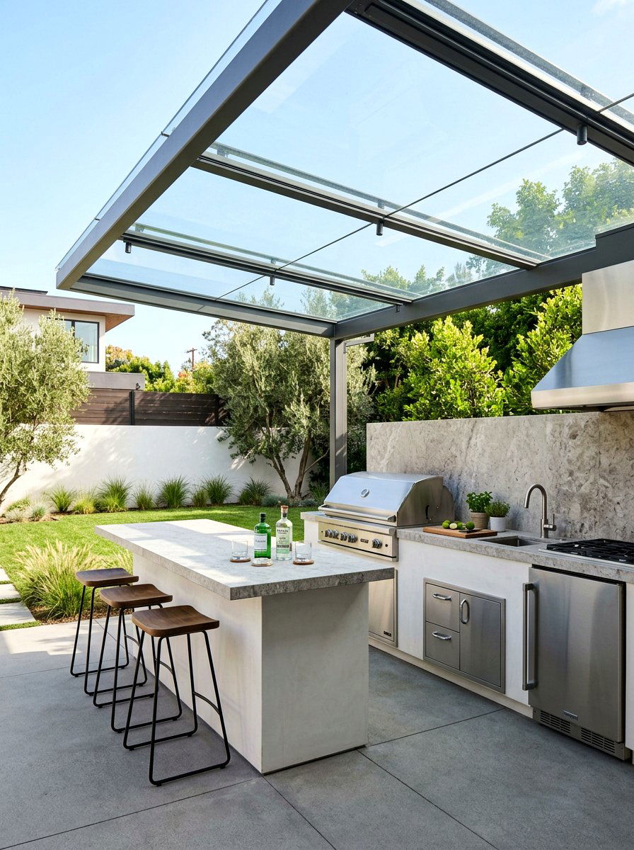 Sleek Tempered Glass Canopy - 30 rainproof patio ideas