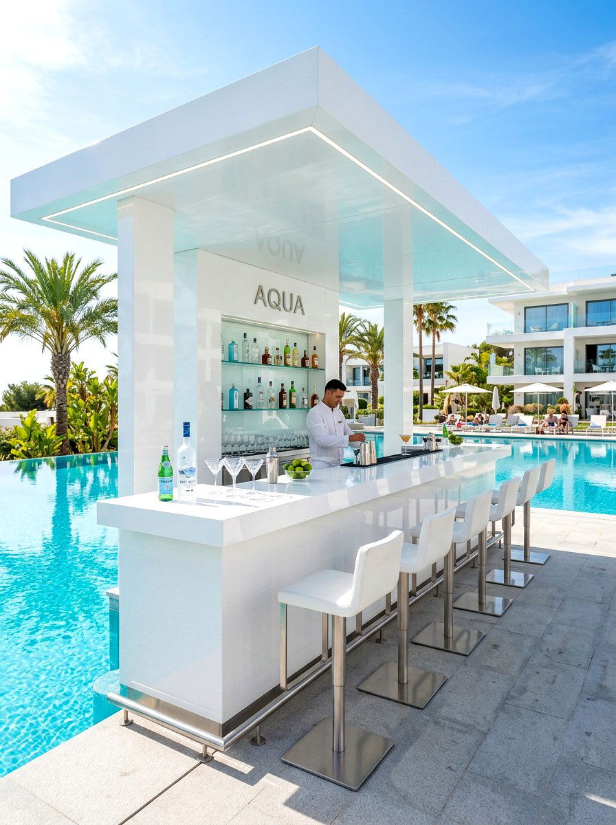 Sleek White Pool Bar - 30 poolside bar ideas