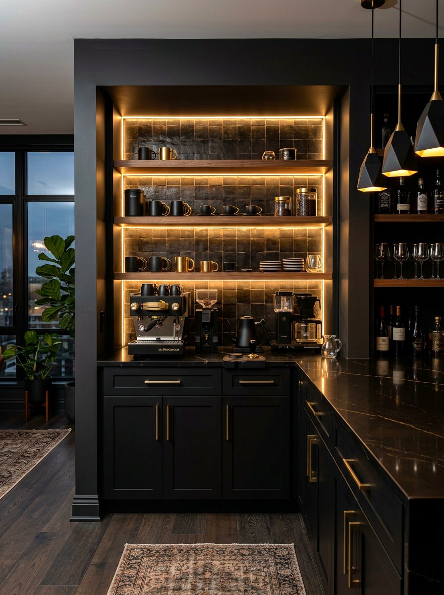 Sleek black coffee bar - 30 breakfast station ideas