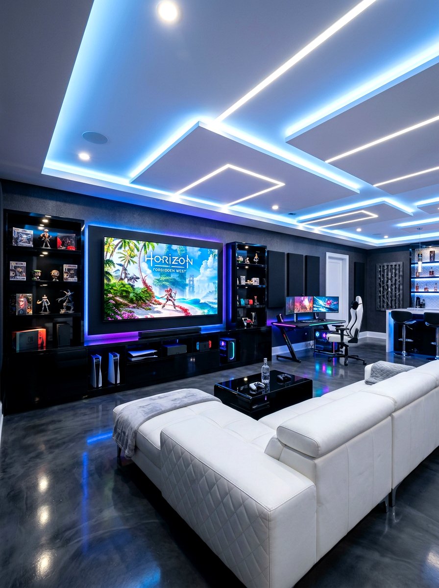 Sleek modern basement gaming - 30 basement game room ideas