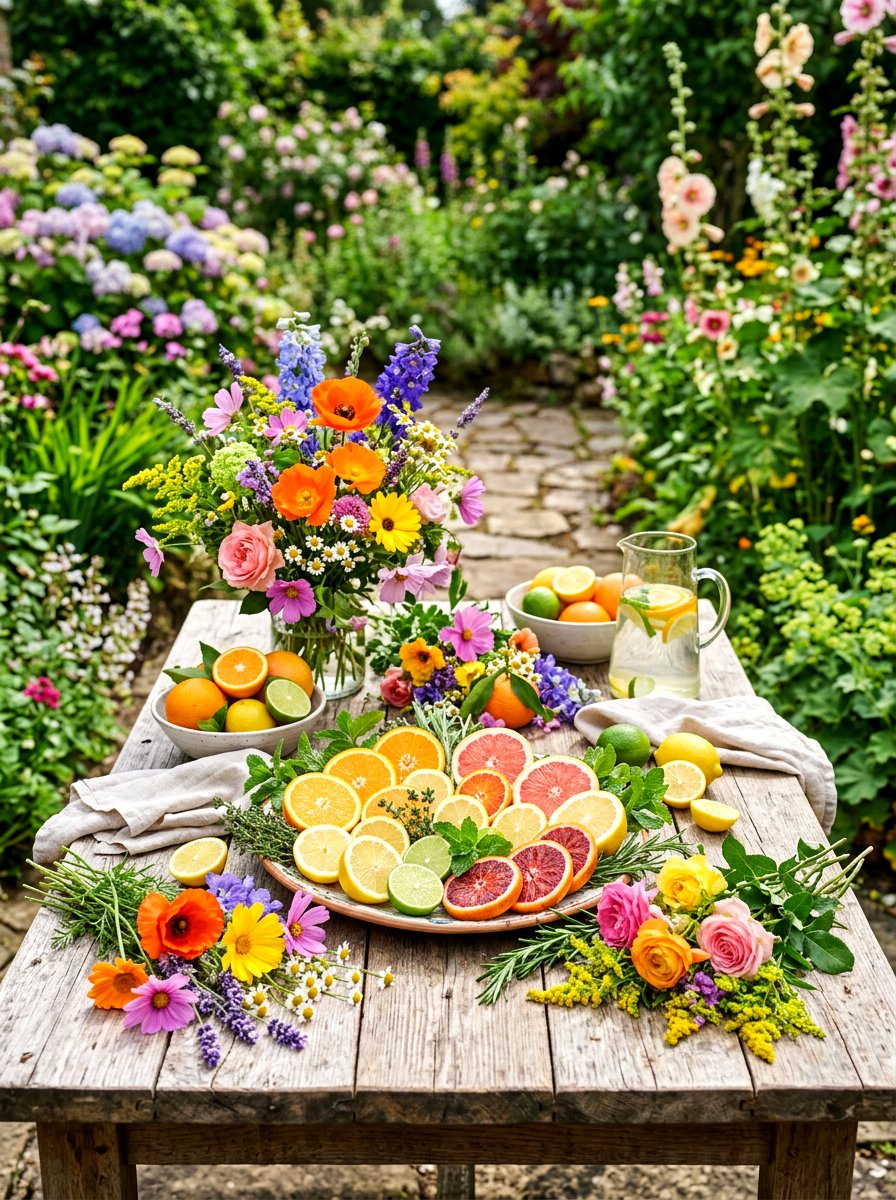 Sliced citrus and wildflower display - 30 fruit and floral tablescape ideas