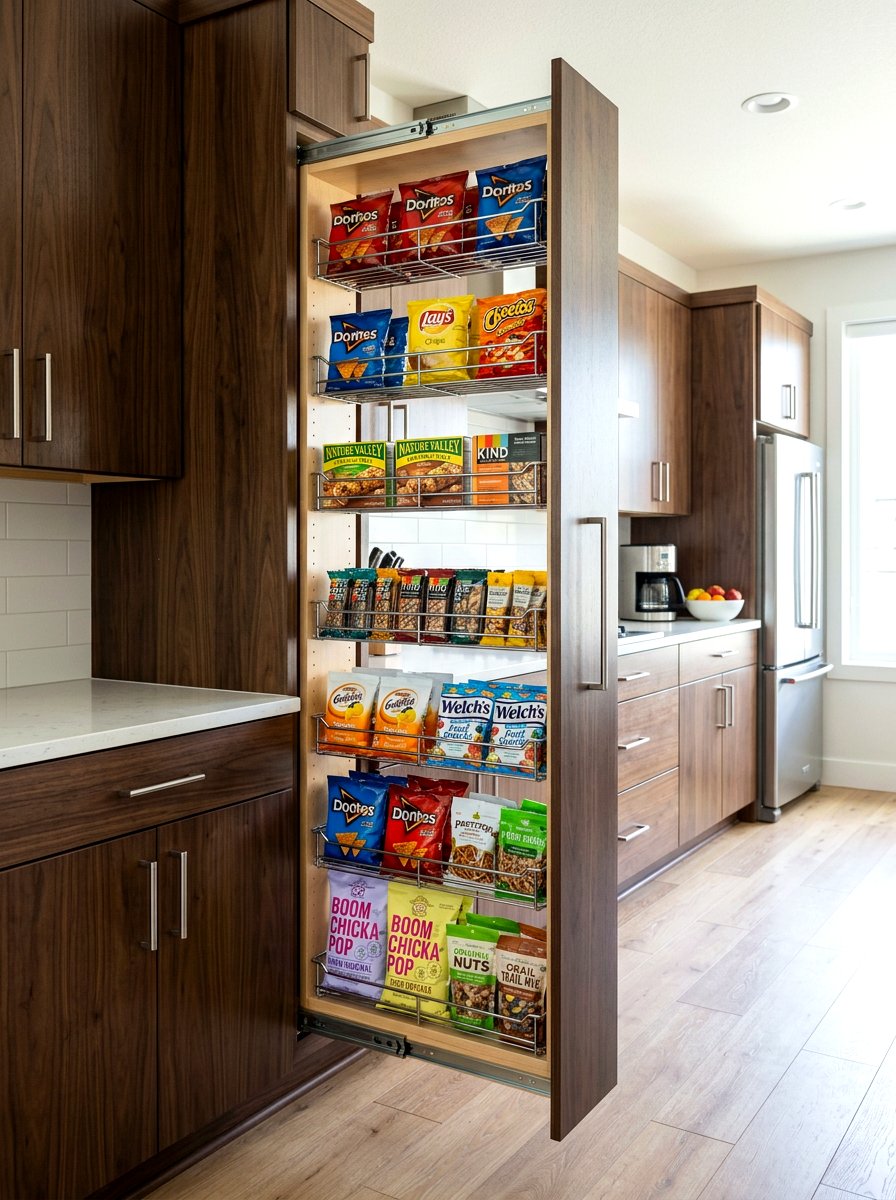 Slide out spice rack for snacks - 30 pantry snack zone ideas