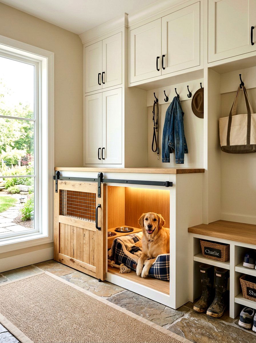 Sliding Barn Door Dog Crate - 30 entryway pet station ideas
