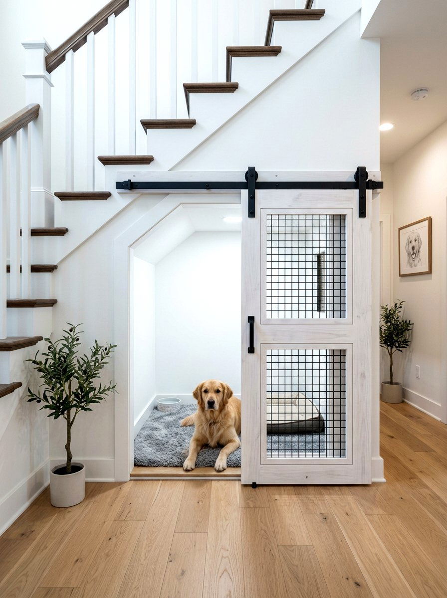 Sliding Barn Door Kennel - 30 under staircase pet nook ideas