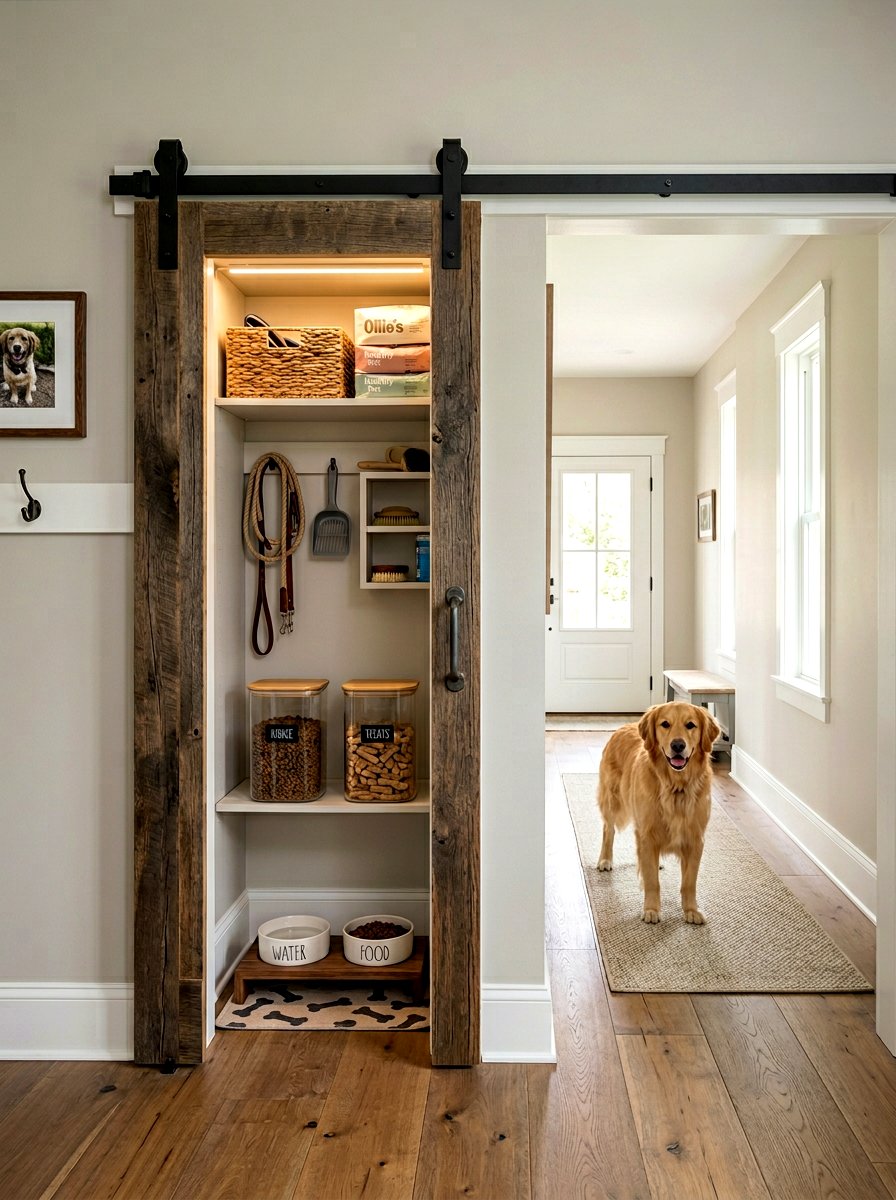 Sliding Barn Door Pet Pantry - 30 pet feeding station ideas