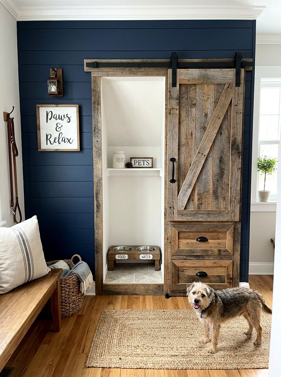 Sliding Barn Door Pet Station - 30 pet feeding drawer ideas aesthetic