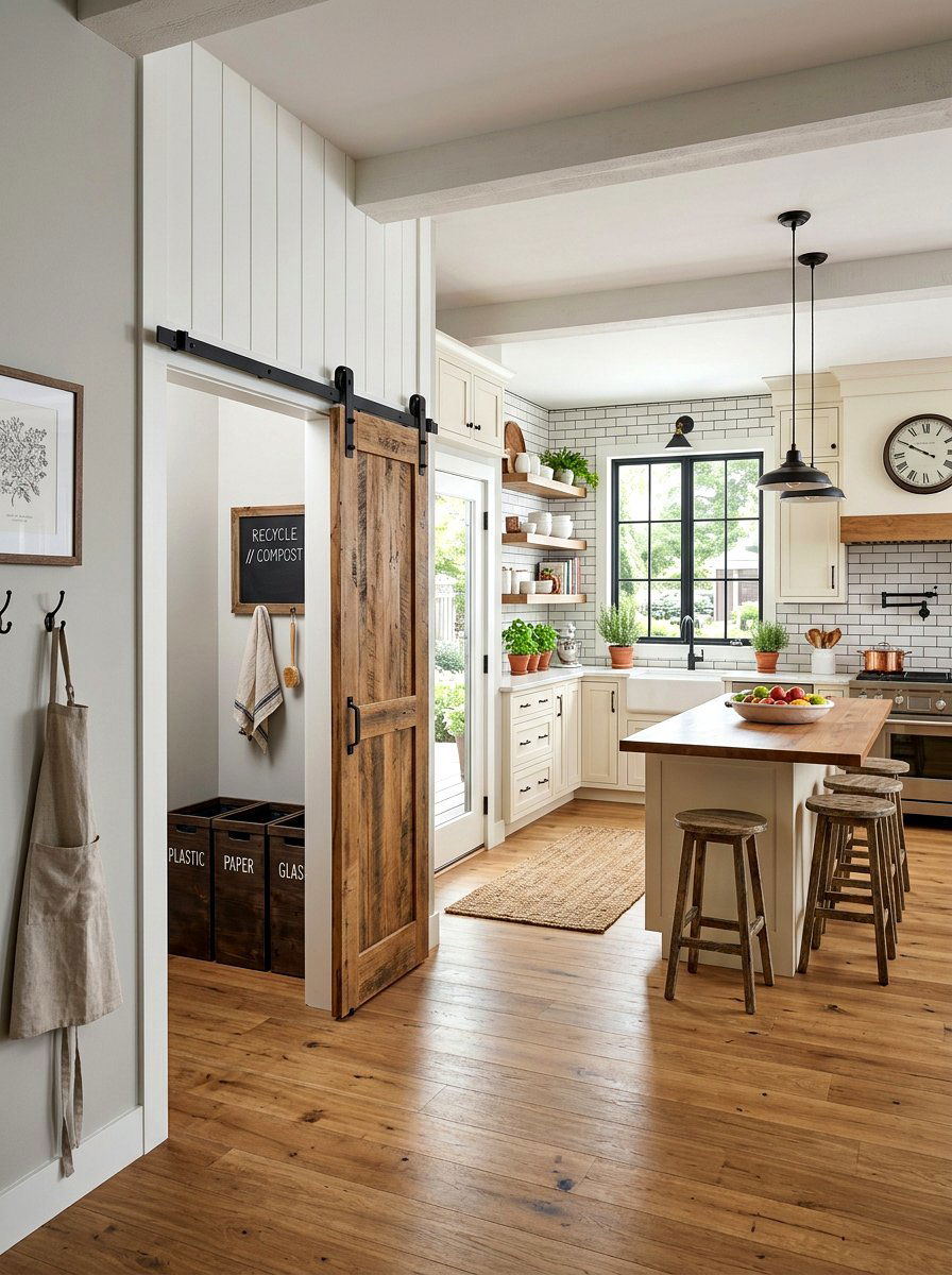 Sliding Barn Door Recycling Nook - 30 hidden recycling bin ideas