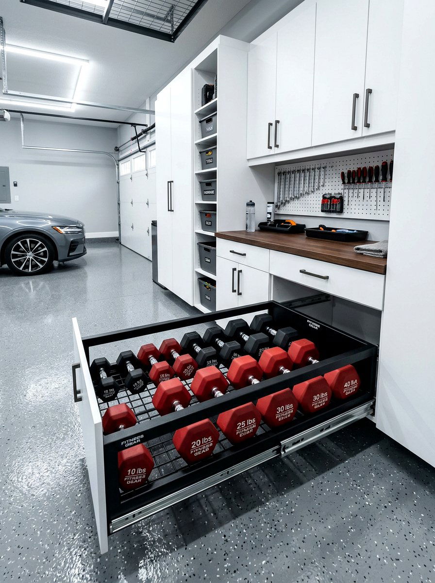 Sliding Equipment Storage Drawer - 30 dumbbell storage ideas