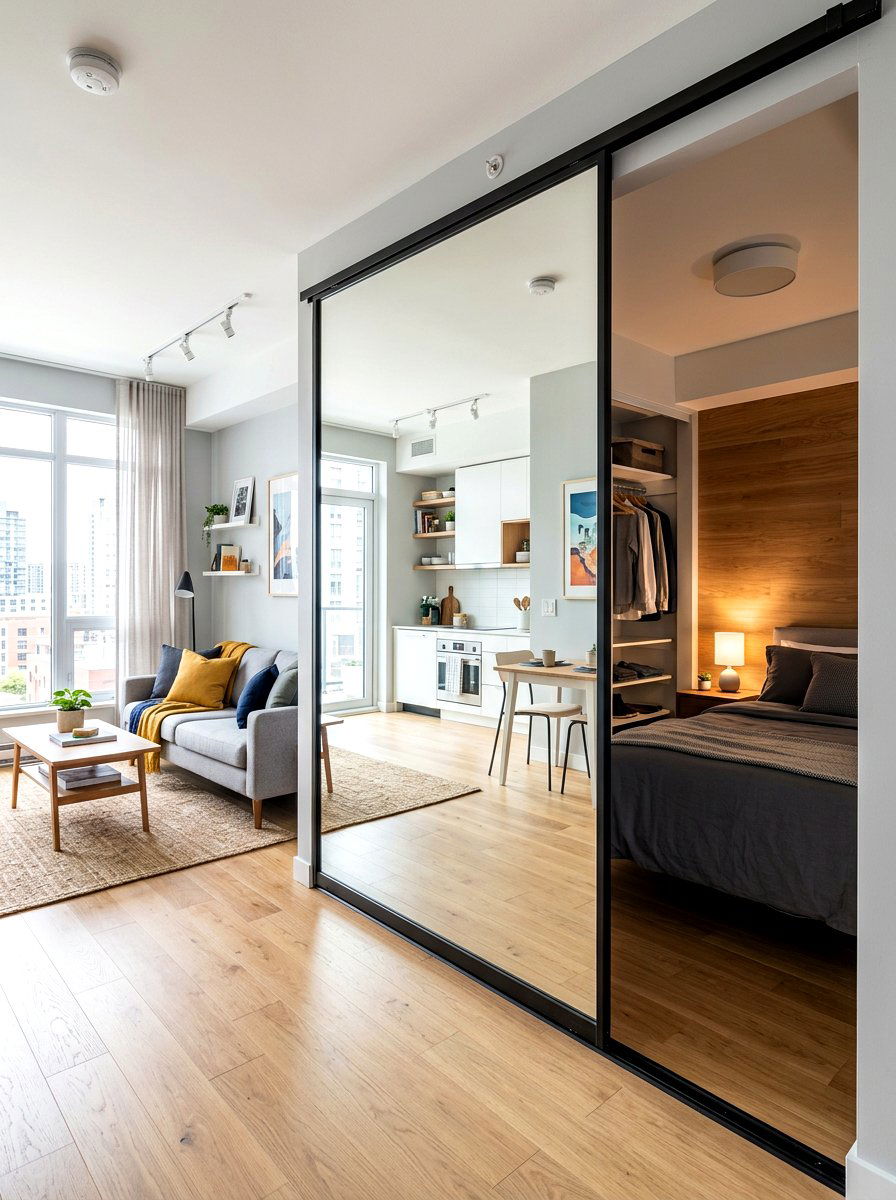Sliding Mirror Door - 30 studio apartment divider ideas