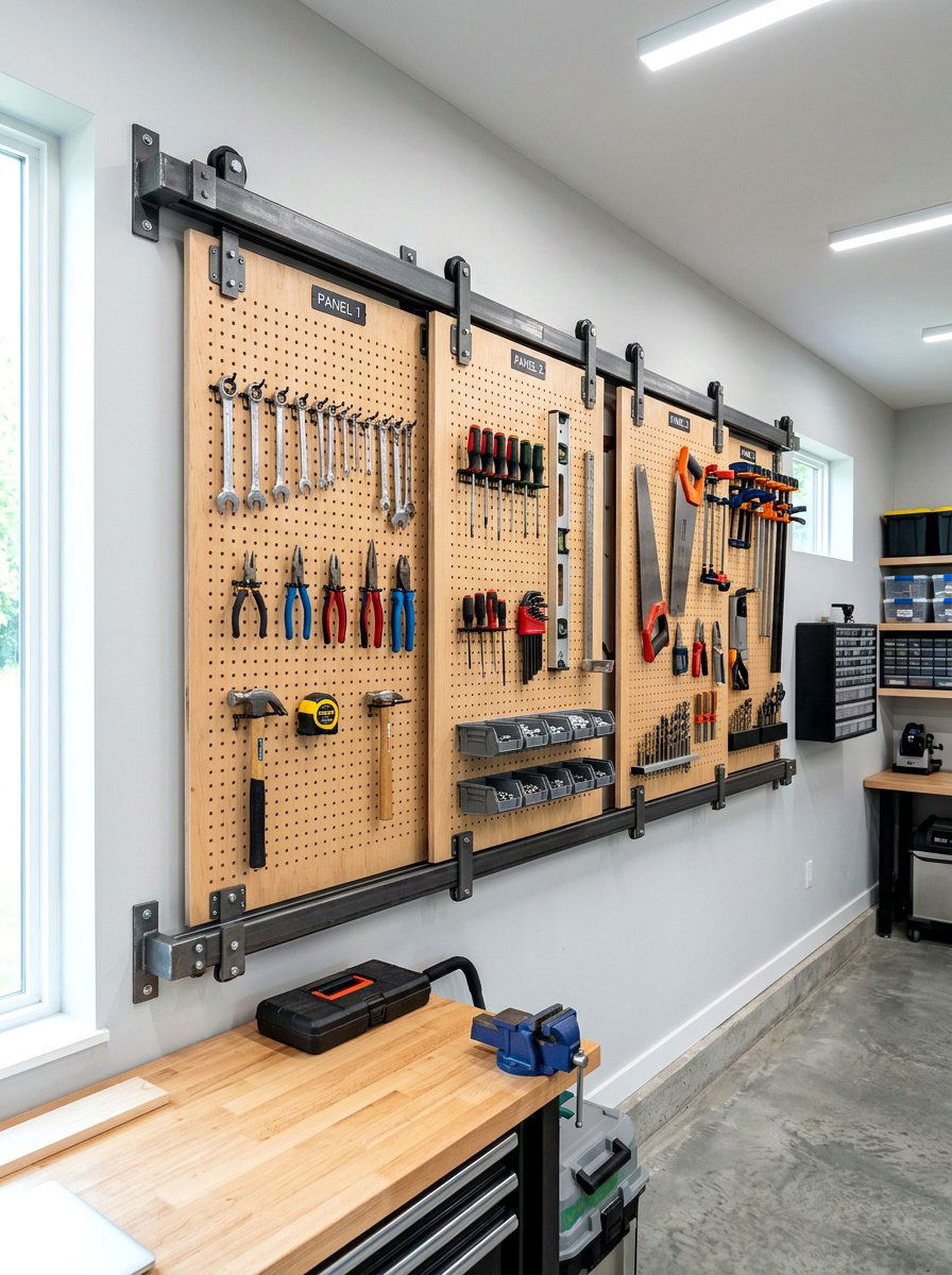 Sliding Pegboard Panel - 30 power tool storage ideas