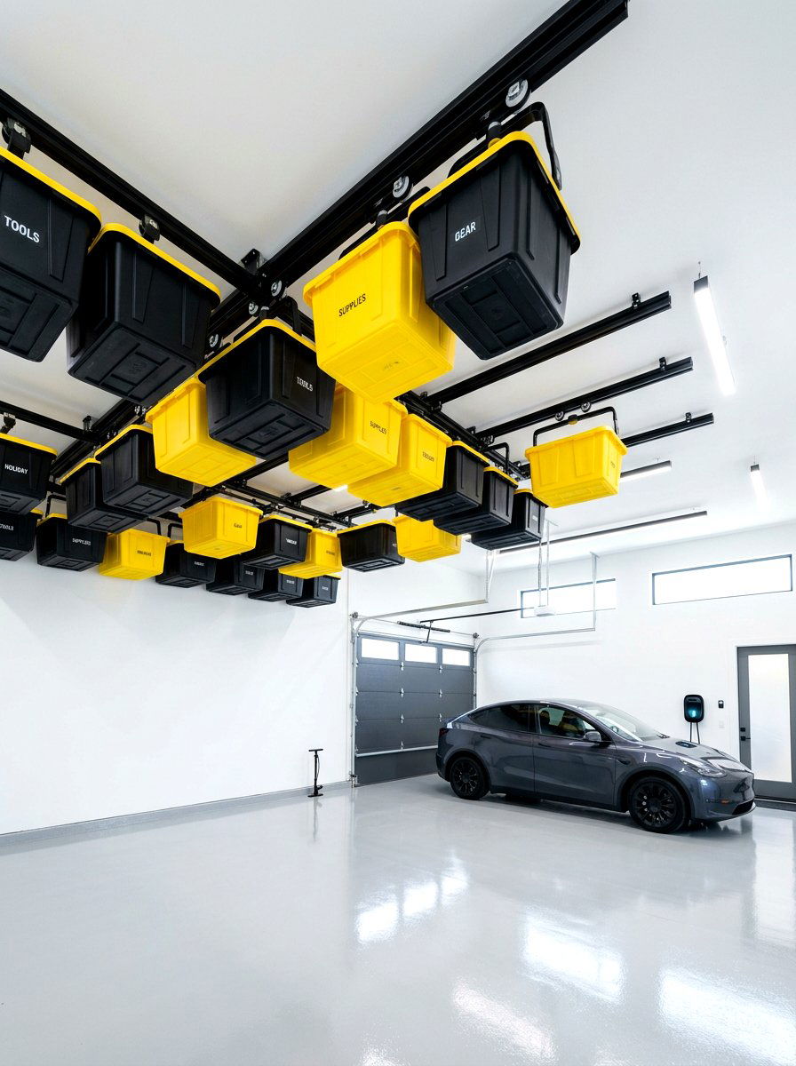 Sliding Tote Ceiling Rails - 30 garage overhead rack ideas