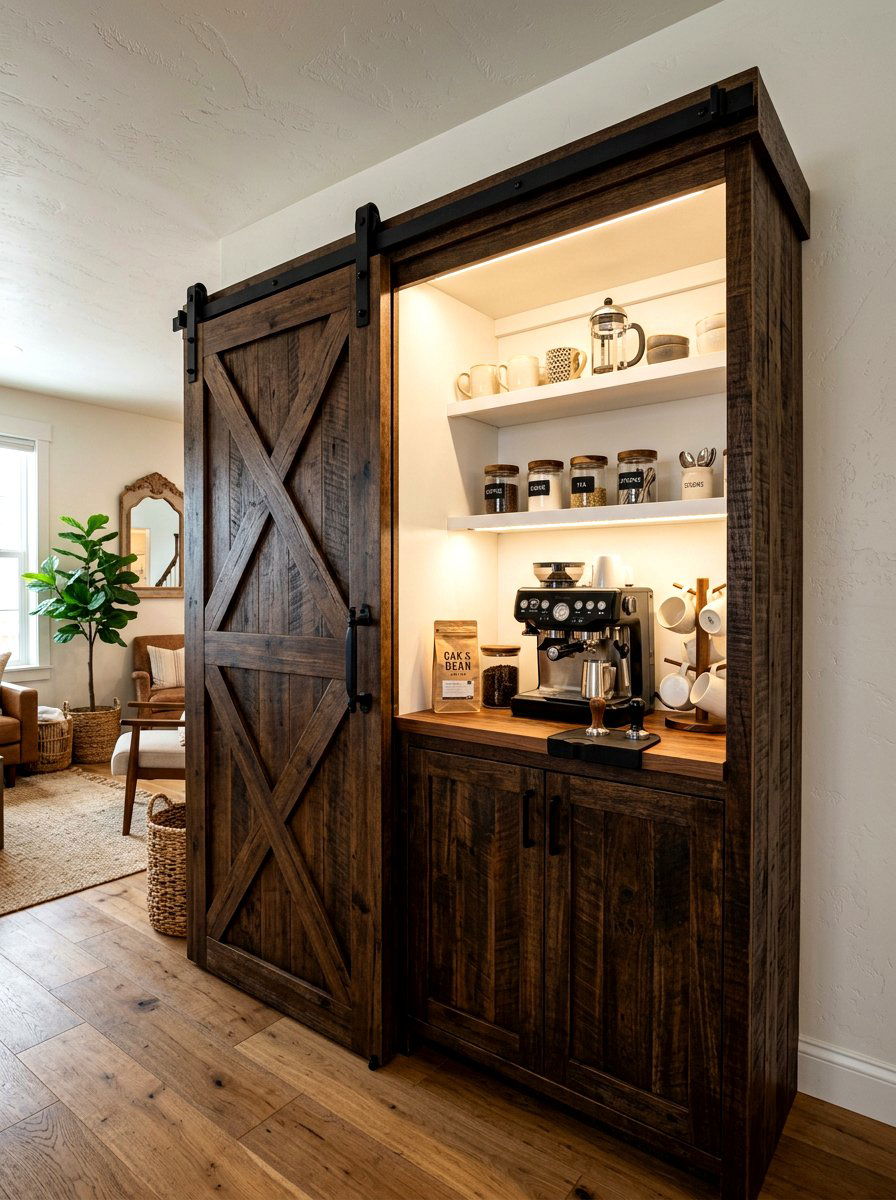 Sliding barn door cabinet - 30 coffee station ideas
