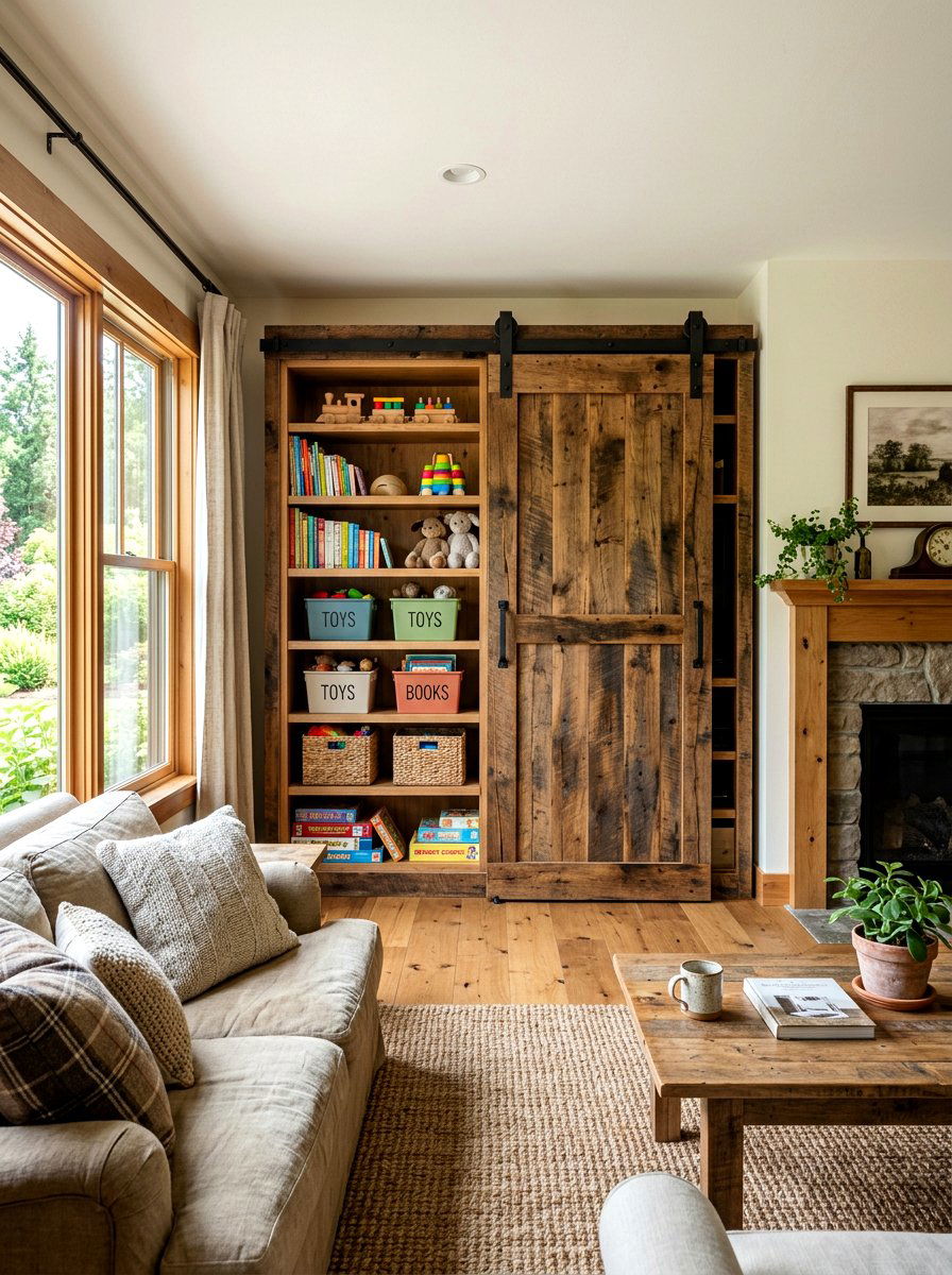 Sliding barn door cabinet - 30 family friendly living room storage ideas