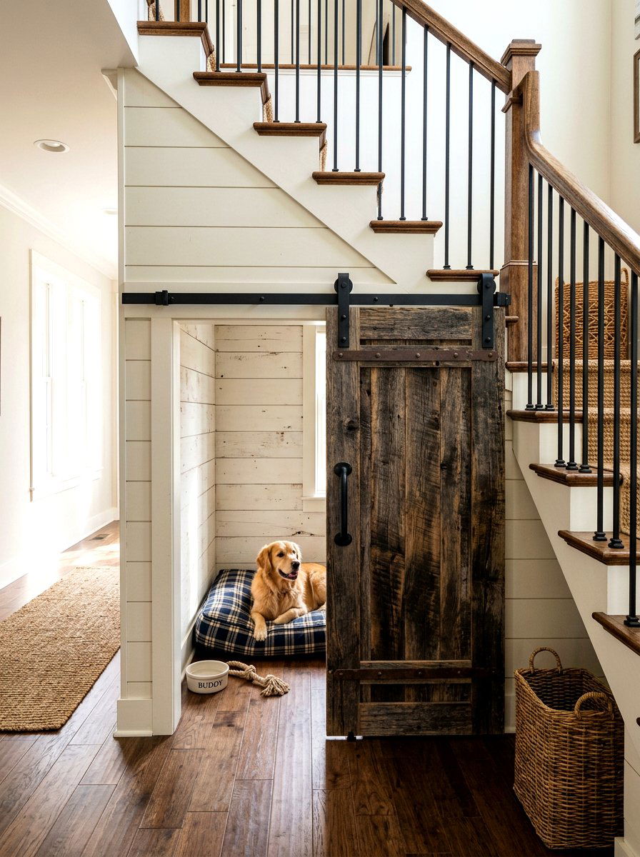 Sliding barn door kennel - 30 under stairs pet room ideas aesthetic
