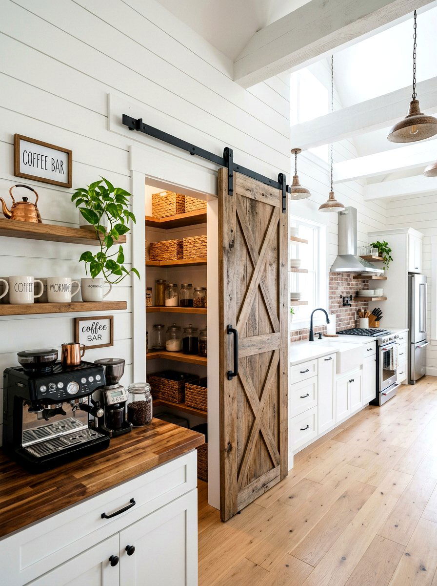 Sliding barn pantry door - 30 industrial farmhouse kitchen ideas