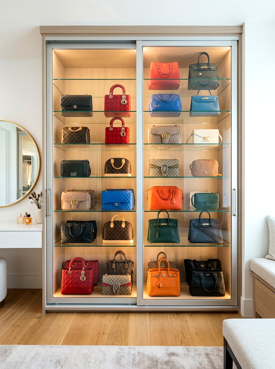 Sliding glass purse cabinet - 30 purse display closet ideas