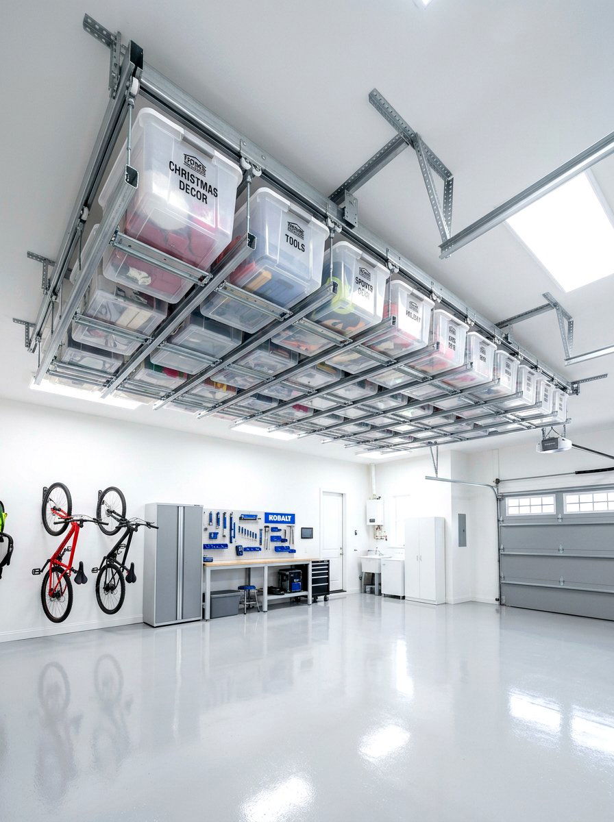 Sliding storage bin rail system - 30 garage ceiling storage ideas
