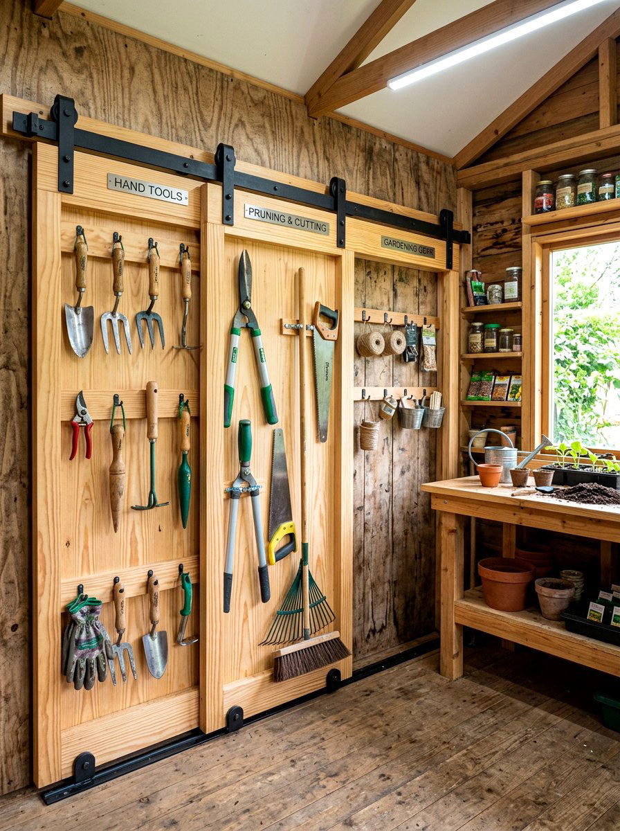 Sliding tool wall panel - 30 garden tool wall ideas