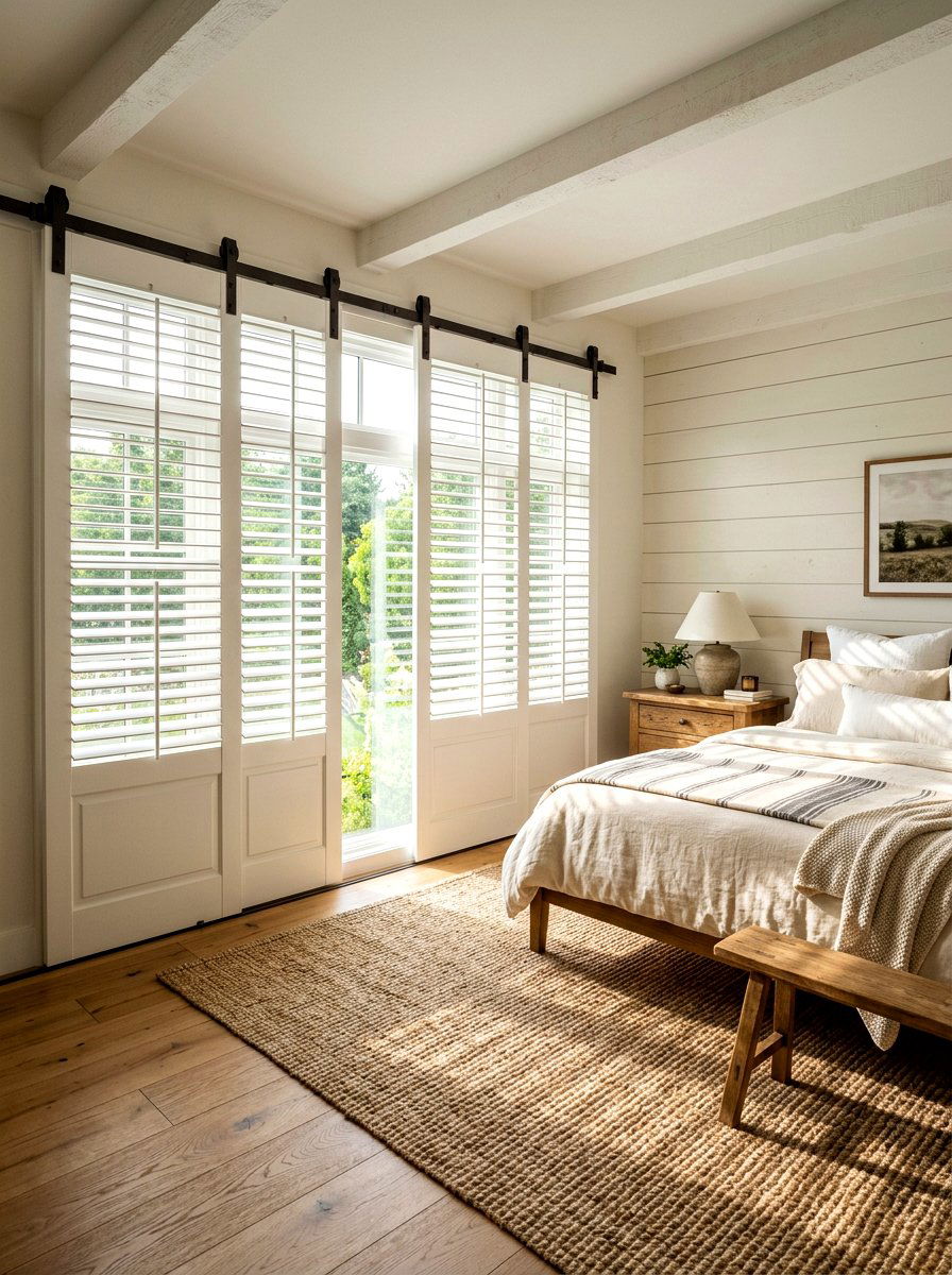 Sliding window shutters - 30 farmhouse bedroom ideas