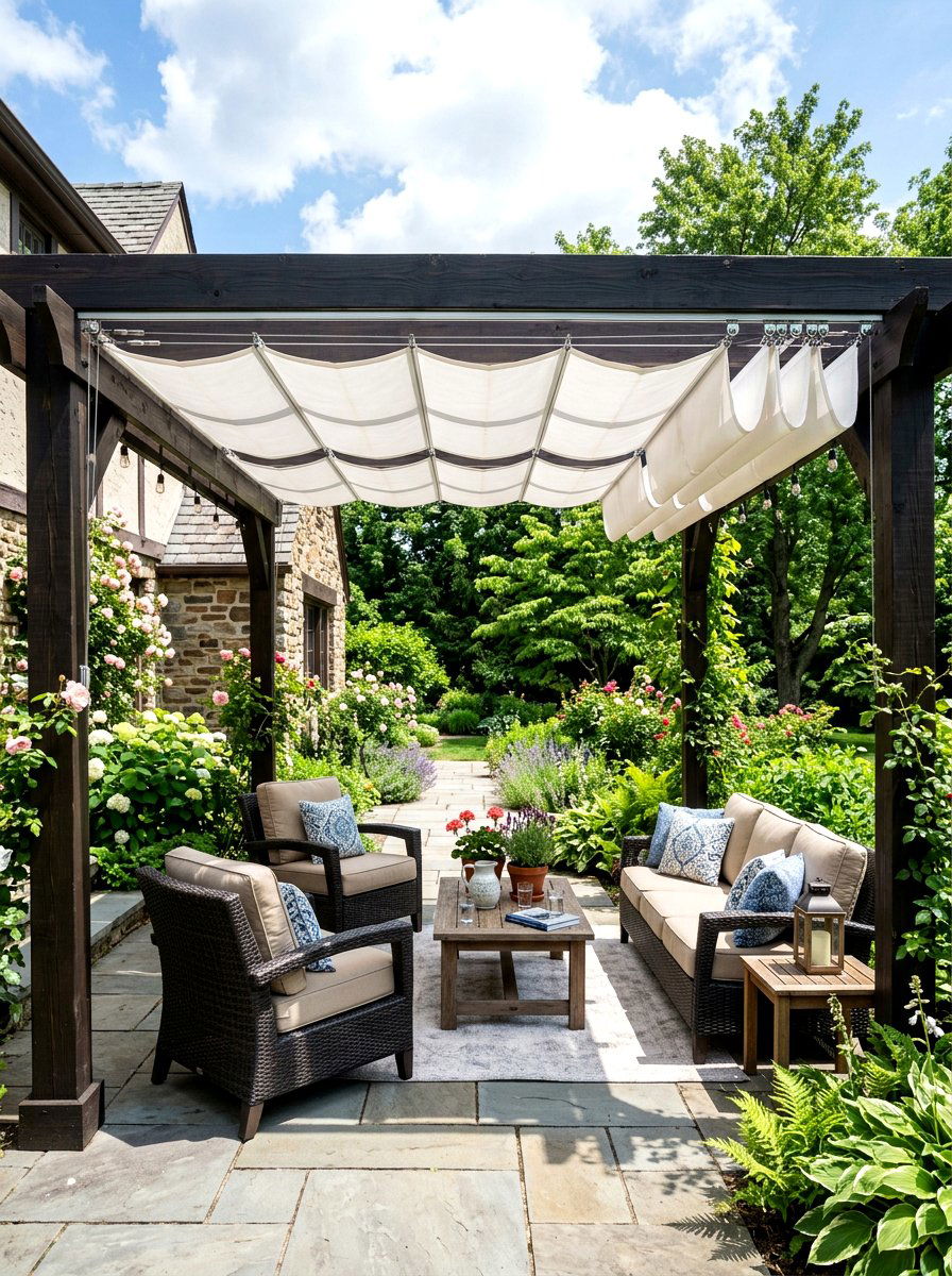 Sliding wire patio canopy - 30 patio canopy ideas