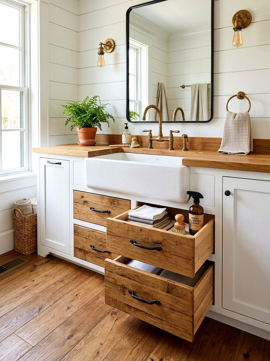 Sliding wood drawers for rustic look - 30 organizing under sink storage ideas