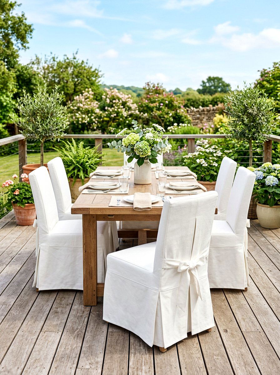 Slipcovered Chair Dining Set - 30 Nancy Meyers outdoor dining ideas