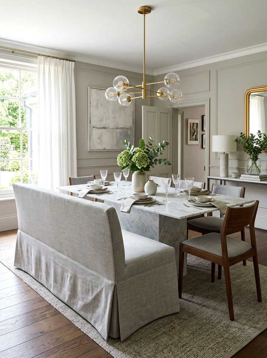 Slipcovered bench with waterfall skirt - 30 skirted dining bench ideas