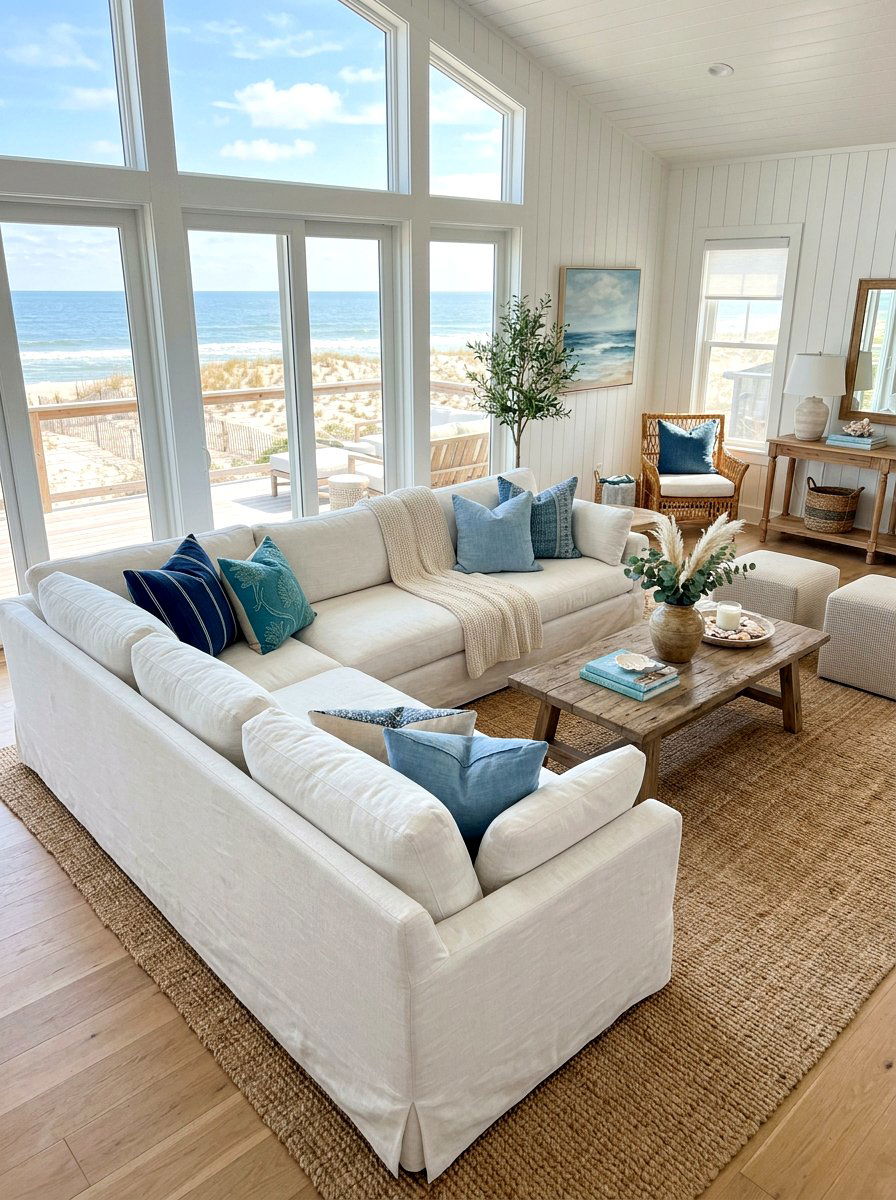Slipcovered sofa coastal living room - 30 coastal living room ideas