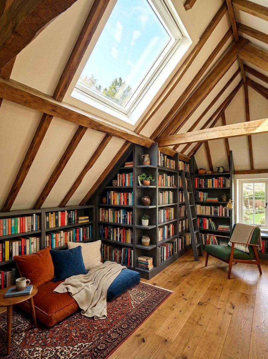 Sloped Ceiling Attic Library - 30 moody home library ideas