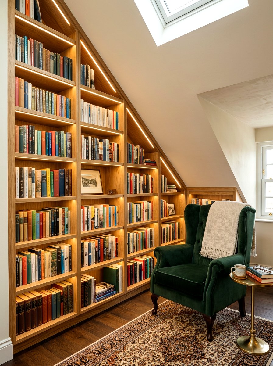Sloped Ceiling Bookshelf - 30 attic reading nook ideas